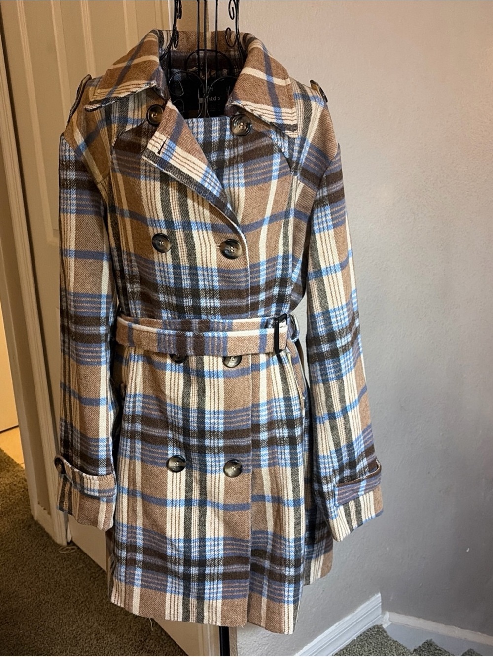 Wantdo Plaid Double-Breasted Belted Pea Coat in Beige, Brown & Light Blue